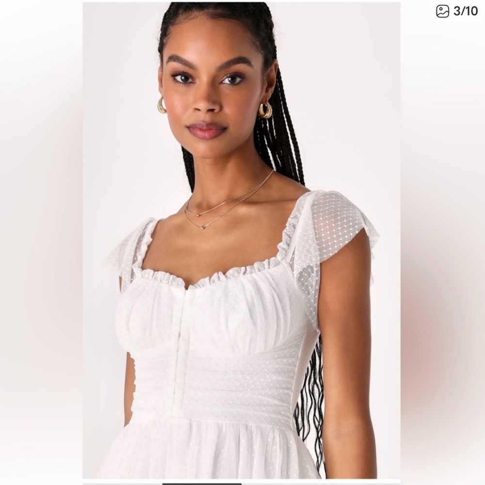 White Midi Swiss Dot Cap-Sleeve Dress - Picture 3 of 10